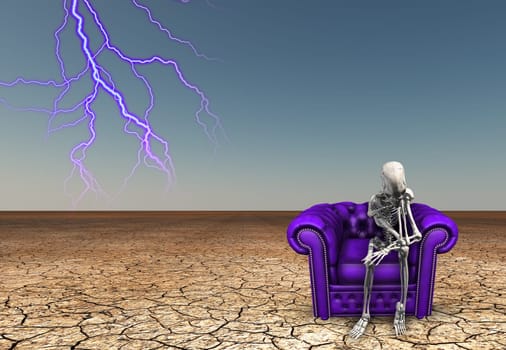Lighting strikes near contemplative skeletal figure. Purple armchair in arid lands