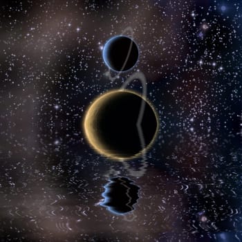 Waters reflection and Planets. Bright stars in deep space