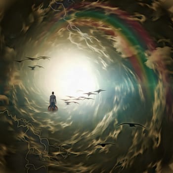 Man in wooden boat. Tunnel of clouds with birds and lightning