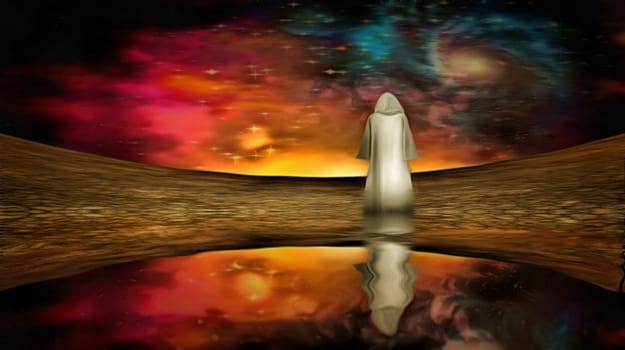 Person in cloak looks out over sci-fi landscape