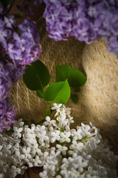 Still-life with a bouquet of lilacs and a straw hat, close-up