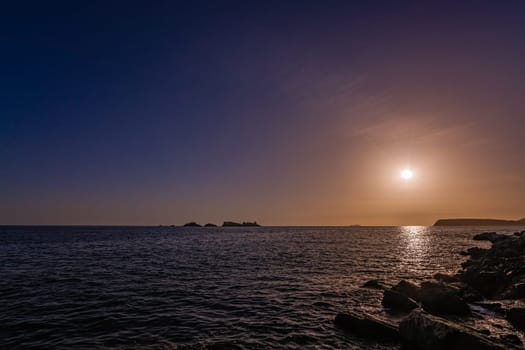Sunset over the rocky Croatian coast in Dubrovnik, Croatia