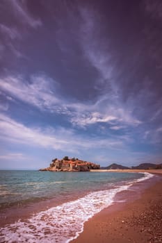 Historical Sveti Stefan old town, currently privately owned, coast of Montenegro
