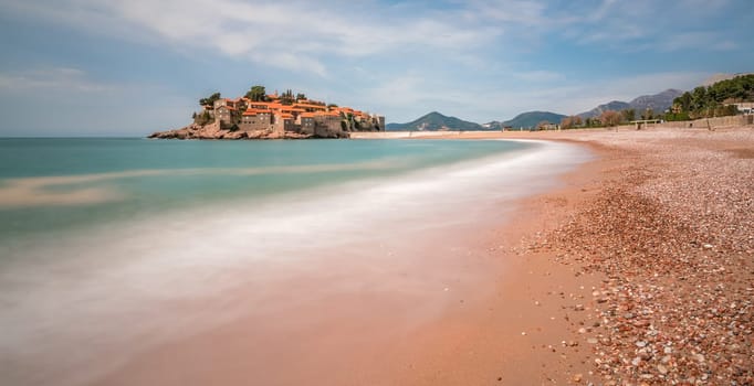 Historical Sveti Stefan old town, currently privately owned, coast of Montenegro