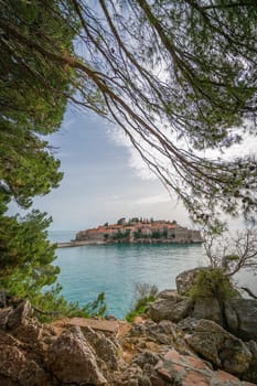 Historical Sveti Stefan old town, currently privately owned, coast of Montenegro