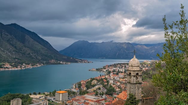 Panoramic view of the Kotor Bay and Old Town houses in Kotor city, Montenegro