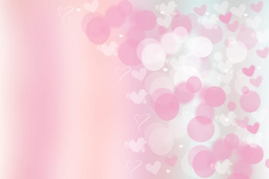 Abstract festive blur bright pink pastel background with white and pink hearts love bokeh for valentine or wedding card. Space for design. Card concept.