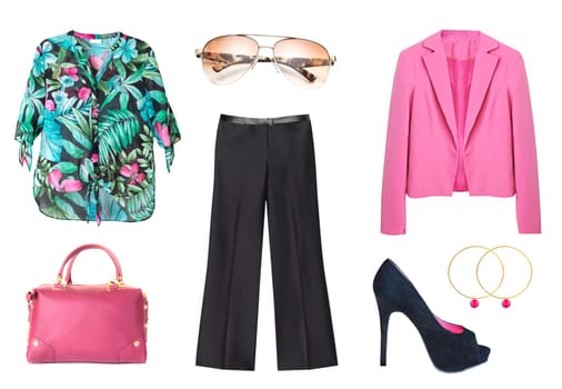Womens Summer fashion. Collage set of light woman clothes isolated on a white background. A collection of light-colored women's clothing with blouses, shoes, trousers and a handbag.