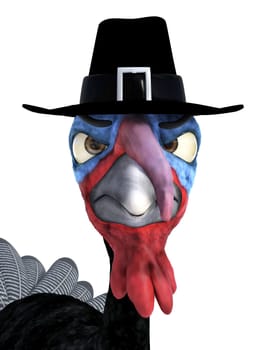 3D rendering of a silly cartoon turkey wearing pilgrim hat and looking very angry. White background.