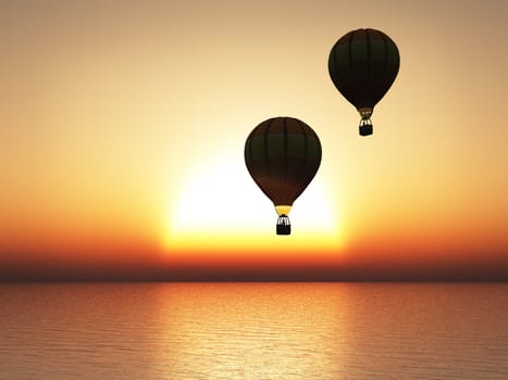 3D rendering of a beautiful warm sunset with two hot air balloons in silhouette.