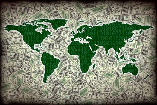 conceptual finance image of world map with american one hundred dollar bills pile and binary code. NASA world map image layered and used www.nasa.gov , https://www.flickr.com/photos/gsfc/sets/72157632172101342