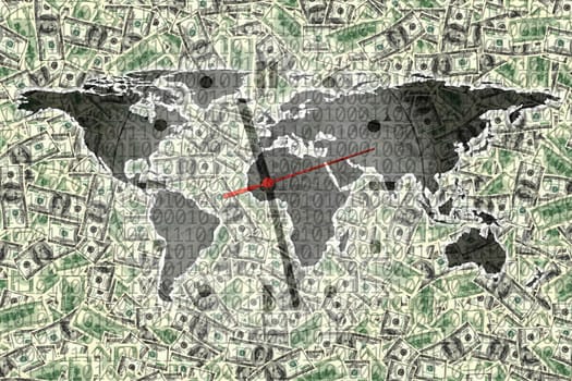 conceptual finance image of world map and clock face over american one hundred dollar bill pile and binary code. NASA world map image layered and used www.nasa.gov , https://www.flickr.com/photos/gsfc/sets/72157632172101342