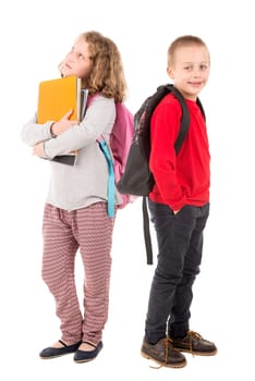 Young couple of students posing isolated in white