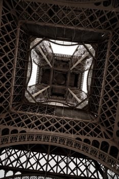 Underneath the Eiffel Tower in Paris, France.