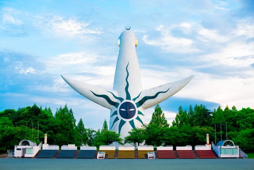 Tower of the Sun by Japanese artist Taro Okamoto is located at Banpaku park in Osaka, Japan.