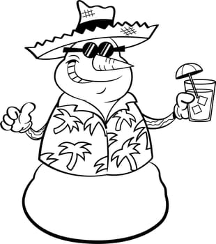 Black and white illustration of a snowman wearing a straw hat and holding a tropical drink.