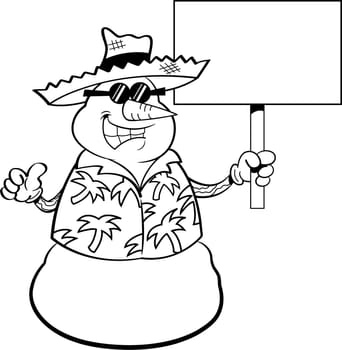 Black and white illustration of a snowman wearing a straw hat and holding a sign.