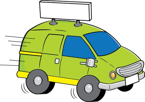 Cartoon illustration of a van with a sign.