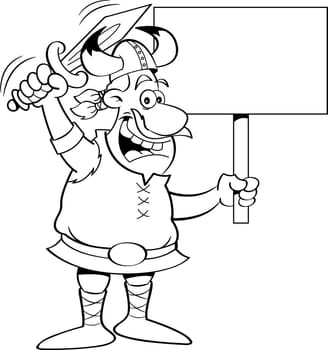 Black and white illustration of a viking waving a sword and holding a sign.