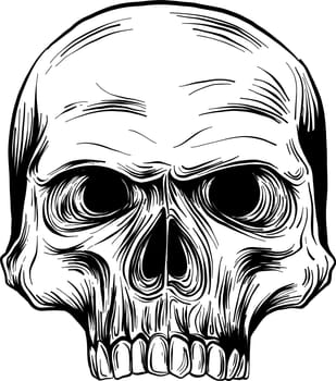 Vector black and white illustration of human skull with a lower jaw in ink hand drawn