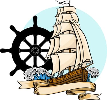 Old ship. Vector flat cartoon illustration