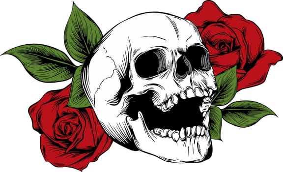 Skull with flowers, with roses. Drawing by hand. Vector