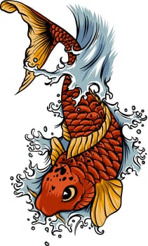Hand drawn outline Koi fish and water splash Japanese tattoo.doodle art Koi carp fish with wave for Japanese tattoo.