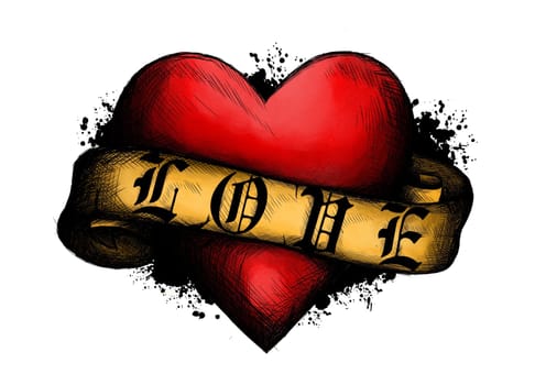 Heart with ribbon in tattoo style.