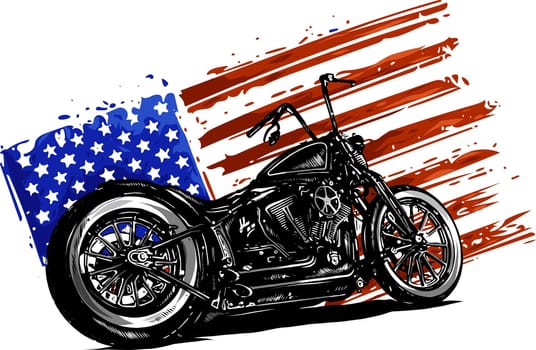 Hand drawn and inked vintage American chopper motorcycle