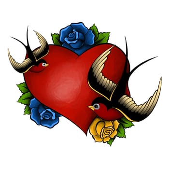 Detailed hand drawn illustration of old curved dagger knife piercing through heart. Graphic old school tattoo style art, traditional symbol. Design t-shirt print.