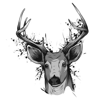 Hand drawn graphic sketch illustration of a deer head with big antlers, front view, vector wildlife poster.