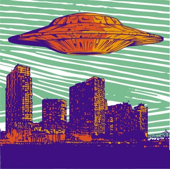 UFO with Light Flying Over City at Night