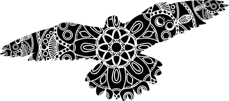 Outline illustration of an ornate flying bird with uplifted wings with an intricate geometric pattern, side view in two colours isolated on white.