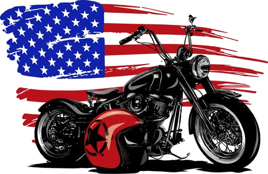 Hand drawn and inked vintage American chopper motorcycle