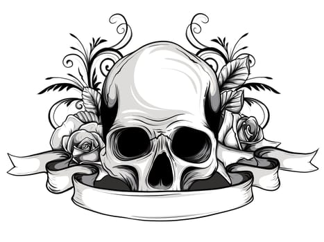 Skull with flowers, with roses. Drawing by hand