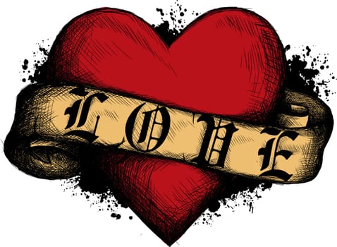 Heart with ribbon in tattoo style.