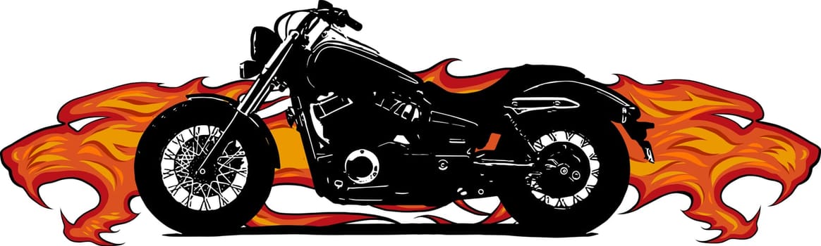 Dramatic burning motorcycle engulfed in fierce fiery orange flames and exploding sparks