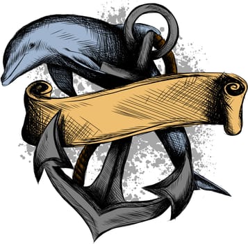 dolphin around an anchor with a rope, an ancient symbol of the sea