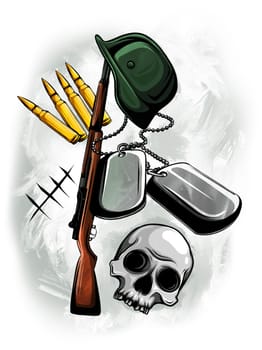 illustration rifle, skull, military plates and bullets