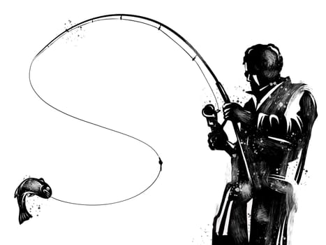 Silhouetted fisherman with a fishing illustration