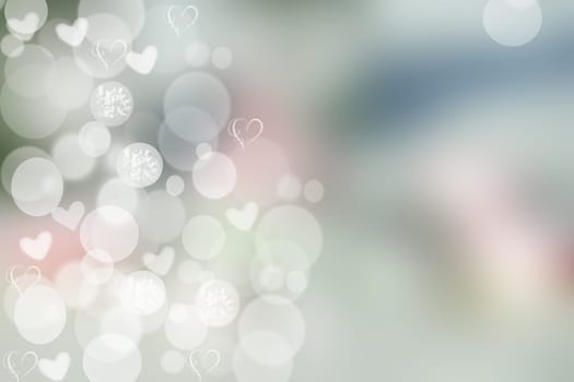 Abstract festive blur bright pastel colored background with white hearts love bokeh for valentine or wedding card. Space for design. Card concept.