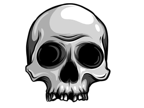 black and white illustration of human skull with a lower jaw in ink hand drawn