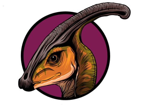 Dinosaur poster lettering parasaurolophus drawing with color, vivid paint on dirty paper background.