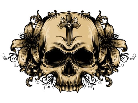Skull with flowers, with roses. Drawing by hand