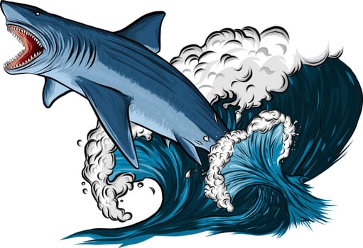 Shark jump with open mouth in the sea. Shark isolation on a white background. Flat vector illustration