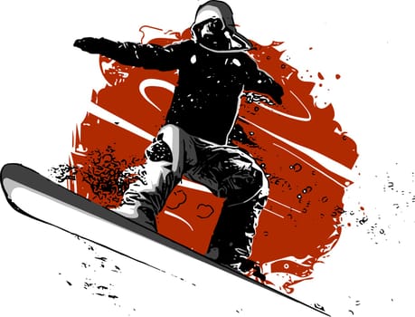 Silhouette of a snowboarder jumping isolated. Background and text on a separate layer, color can be changed in one click. Vector illustration