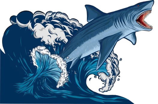Shark jump with open mouth in the sea. Shark isolation on a white background. Flat vector illustration
