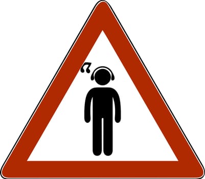 Man silhouettes with ear-phones listening to music against white background.