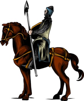 Vector cartoon clip art illustration of an armored knight on a scary black horse with red eyes charging or jousting with a lance and shield.