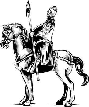Vector cartoon clip art illustration of an armored knight on a scary black horse with red eyes charging or jousting with a lance and shield.